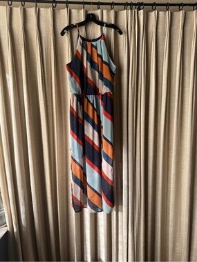 Striped Halter Maxi Dress in Navy, Light Blue, Orange & Red. Navy blue lining.
